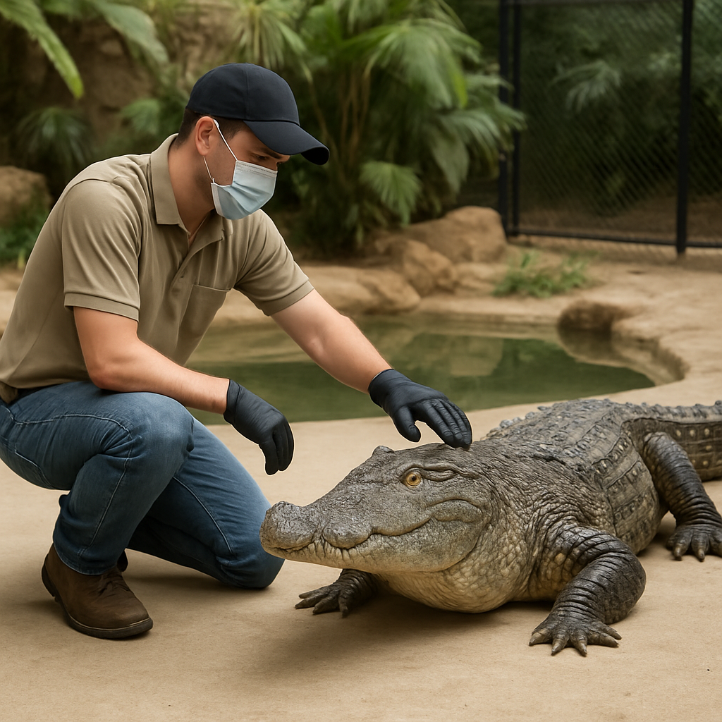 Proprietario di animali responsabile interagisce in sicurezza con un coccodrillo